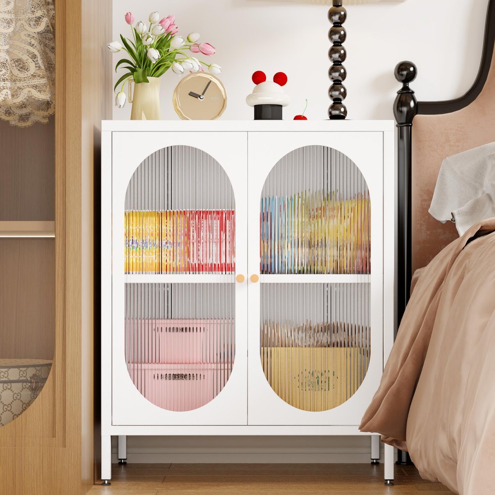 Fumedo Small 2 Transpanrent Door Metal Storage Side Buffet Cabinet for Room,Entryway,Hallway,Kitchen,1 Removable Shelf. (White, Transparent Door)