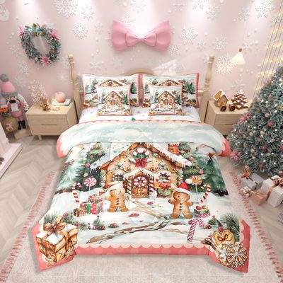 Erosebridal 7 Piece Gingerbread Man Queen Comforter Set with Sheets,Christmas Tree Decor Cute Bedding Set Xmas Gifts for Kids Girls Boys,Winter Snow Bed in a Bag with Fitted Sheet,Flat Sheet