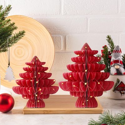 Fenyluxe 2 Pcs Paper Christmas Trees, Includes 1 Pc LED Light String Honeycomb Foldable Christmas Tree Modern 3D Christmas Tree Table Top Christmas Tree for Christmas Party Decor(Red