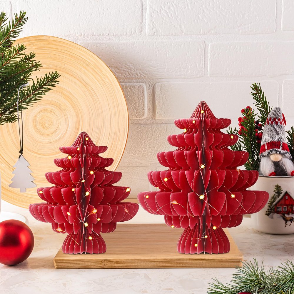 Fenyluxe 2 Pcs Paper Christmas Trees, Includes 1 Pc LED Light String Honeycomb Foldable Christmas Tree Modern 3D Christmas Tree Table Top Christmas Tree for Christmas Party Decor(Red
