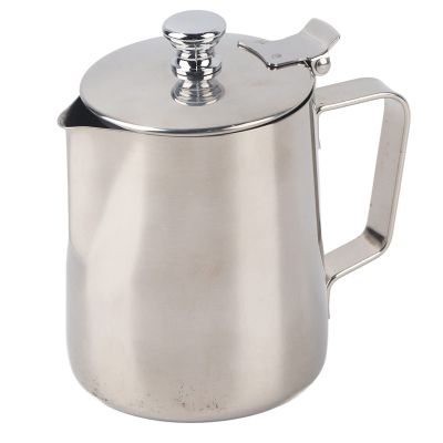Coffee Milk Frothing Cup, 350ml Stainless Steel Milk Craft Art Jug Pitcher with Lid Ergonomic Handle 120Curved Spout for Latte Barista Coffee Shop