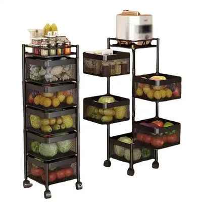 Rotating Storage Rack Cart, Fruit and Vegetable Storage Rack with Lockable Casters, 360 Degree Rotating Metal Vegatable Storage Rack, for Office, Living Room, Kitchen (Black, 5 Tier)