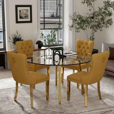 HAIZAO Mid Century Modern Glass Round Dining Table Set for 4, 5 Pieces Gold Luxury Circle Dinner Set, 47'' Clear Circular Top Minimalist Kitchen Set, Yellow High-end Tufted Chairs, for Large Place