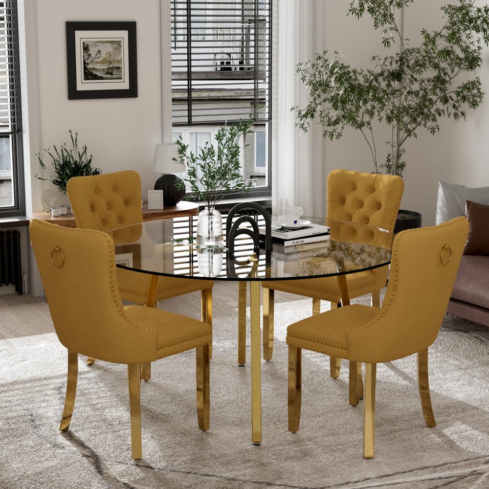 HAIZAO Mid Century Modern Glass Round Dining Table Set for 4, 5 Pieces Gold Luxury Circle Dinner Set, 47'' Clear Circular Top Minimalist Kitchen Set, Yellow High-end Tufted Chairs, for Large Place