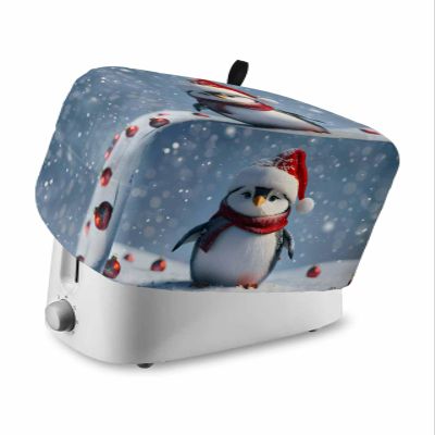 Christmas 2 Slice Toaster Cover, Winter Snow Cute Penguin Xmas Ombre Blue Small Appliance Cover Toaster Dustproof Fingerprint Protectors Machine Washable, Small Size Bread Machine Cover