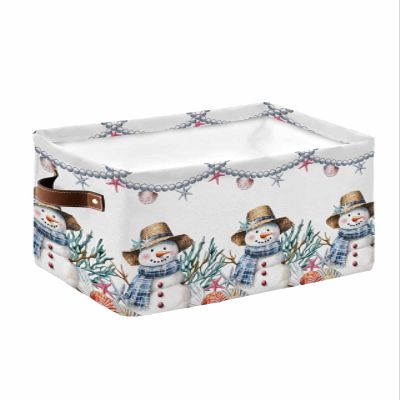 Christmas Winter Snowman Hat Storage Bins Large Storage Basket, Seashell Starfish Coral Pearl White Collapsible Storage Bins with Handle Storage Baskets Cube Organizer for Shelves Closet Nursery
