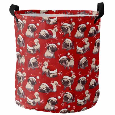 Merry Christmas Pet Bulldog Santa Hat Laundry Basket, Winter Snowflake Red Waterproof Collapsible Clothes Hamper Large Storage Bag for Bedroom Bathroom,16.5x17In