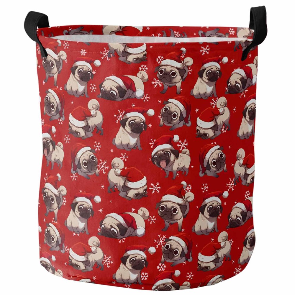 Merry Christmas Pet Bulldog Santa Hat Laundry Basket, Winter Snowflake Red Waterproof Collapsible Clothes Hamper Large Storage Bag for Bedroom Bathroom,16.5x17In