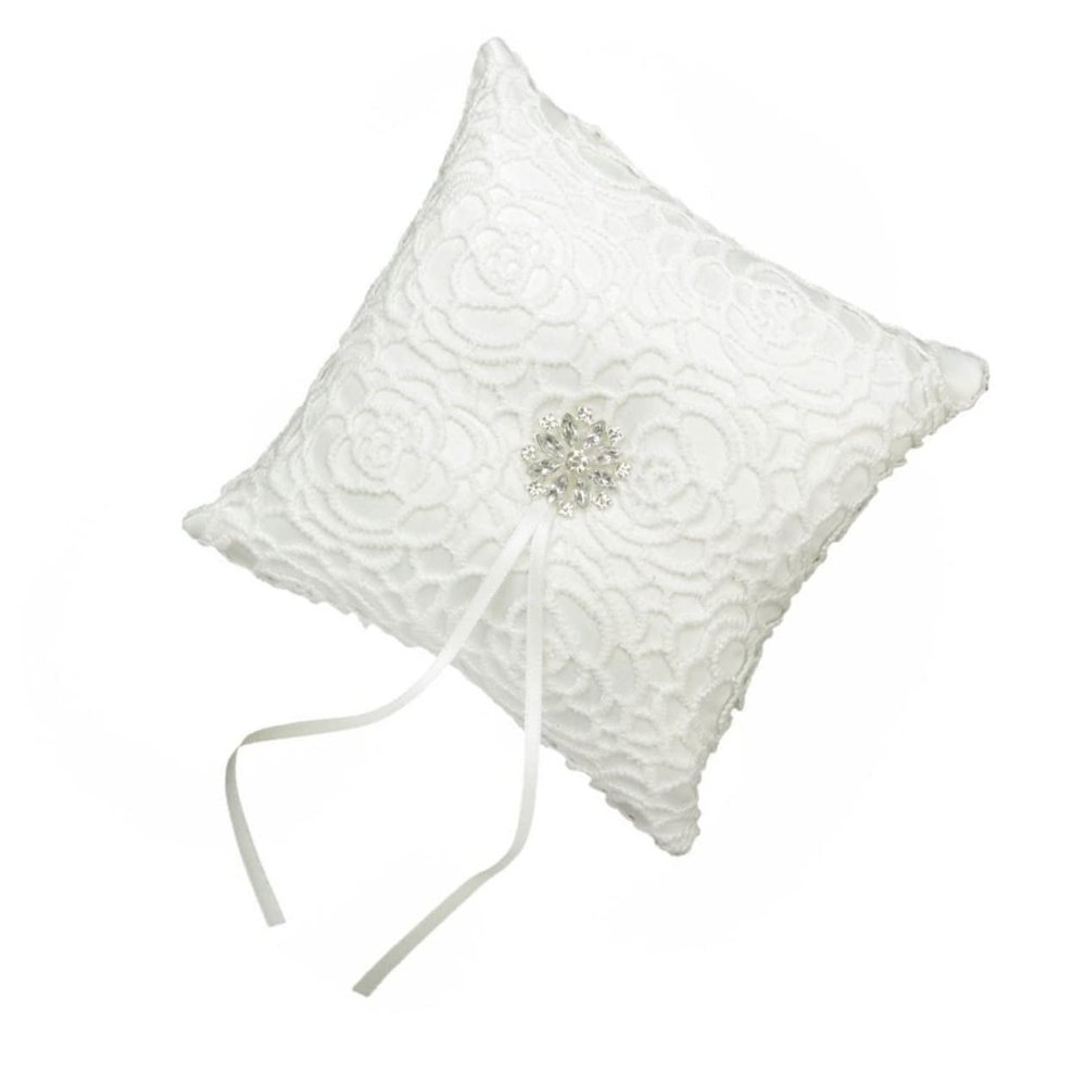 COOLHIYA Floral Wedding Pillow Satin Ribbons and Rhinestones for Ceremony and Bearer Elegant Design for Bride Special Day