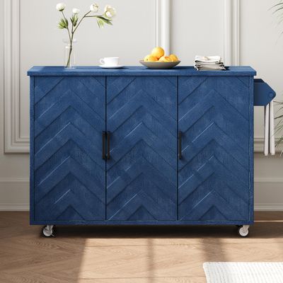 Navy Blue#015 51.2" W 3D Wave Stripes Ash Veneer Kitchen Island with Drop Leaf, Farmhouse Style on Wheels, Rolling Cart with Internal Storage Rack