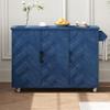Navy Blue#015 51.2" W 3D Wave Stripes Ash Veneer Kitchen Island with Drop Leaf, Farmhouse Style on Wheels, Rolling Cart with Internal Storage Rack view 1