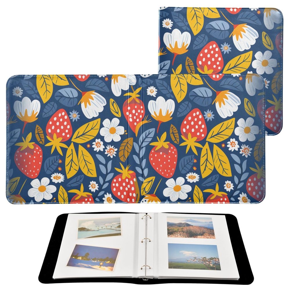 Flowers Daisy Strawberry Photo Album Bookshelf Photo Albums Premium Leather Cover Portable 20 Detachable Sheet 3-Ring Binder for Christmas Anniversary