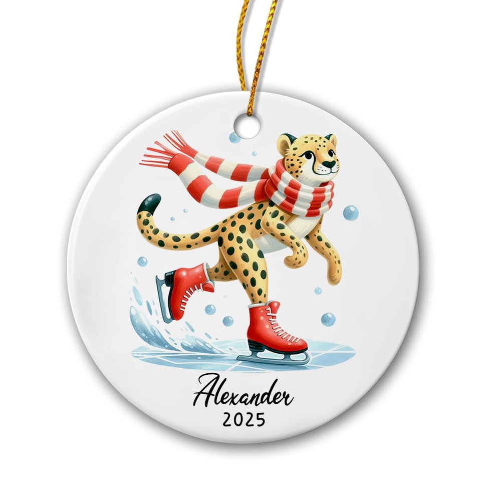 Cheetah Christmas Ornament, Personalized Name & Year Cheetah Ceramic Ornament, Ice Skate Cheetah Xmas Tree Ornament, Customized Cheetah Animal Ornament, Xmas Ornament Gift for Family Friend