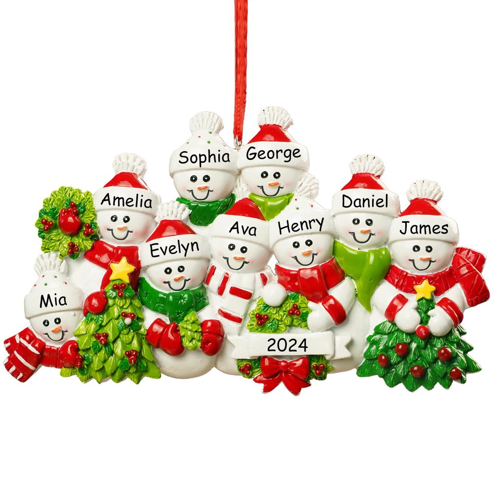 iDIY 2024 Personalized Christmas Ornament Family of 9 - Customized Snowman Premium Resin Keepsake With Name for Tree Decorations
