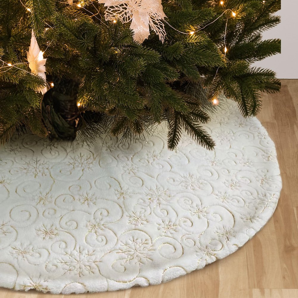 Amidaky Christmas Tree Skirt 30 inch Gold Christmas Tree Skirt Embroidered Sequins Faux Fur for Xmas Holiday Home Party Decorations