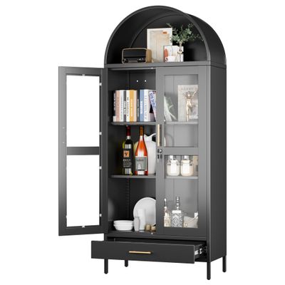 GangMei Metal Arched Display Cabinet with Lock, Modern Arch Kitchen Pantry Storage Cabinet with Glass Doors/1 Drawer for Living Room, Bookshelf, Assembly Required(Black)