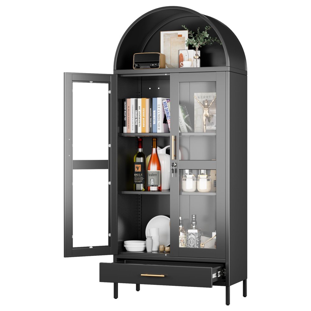 GangMei Metal Arched Display Cabinet with Lock, Modern Arch Kitchen Pantry Storage Cabinet with Glass Doors/1 Drawer for Living Room, Bookshelf, Assembly Required(Black)