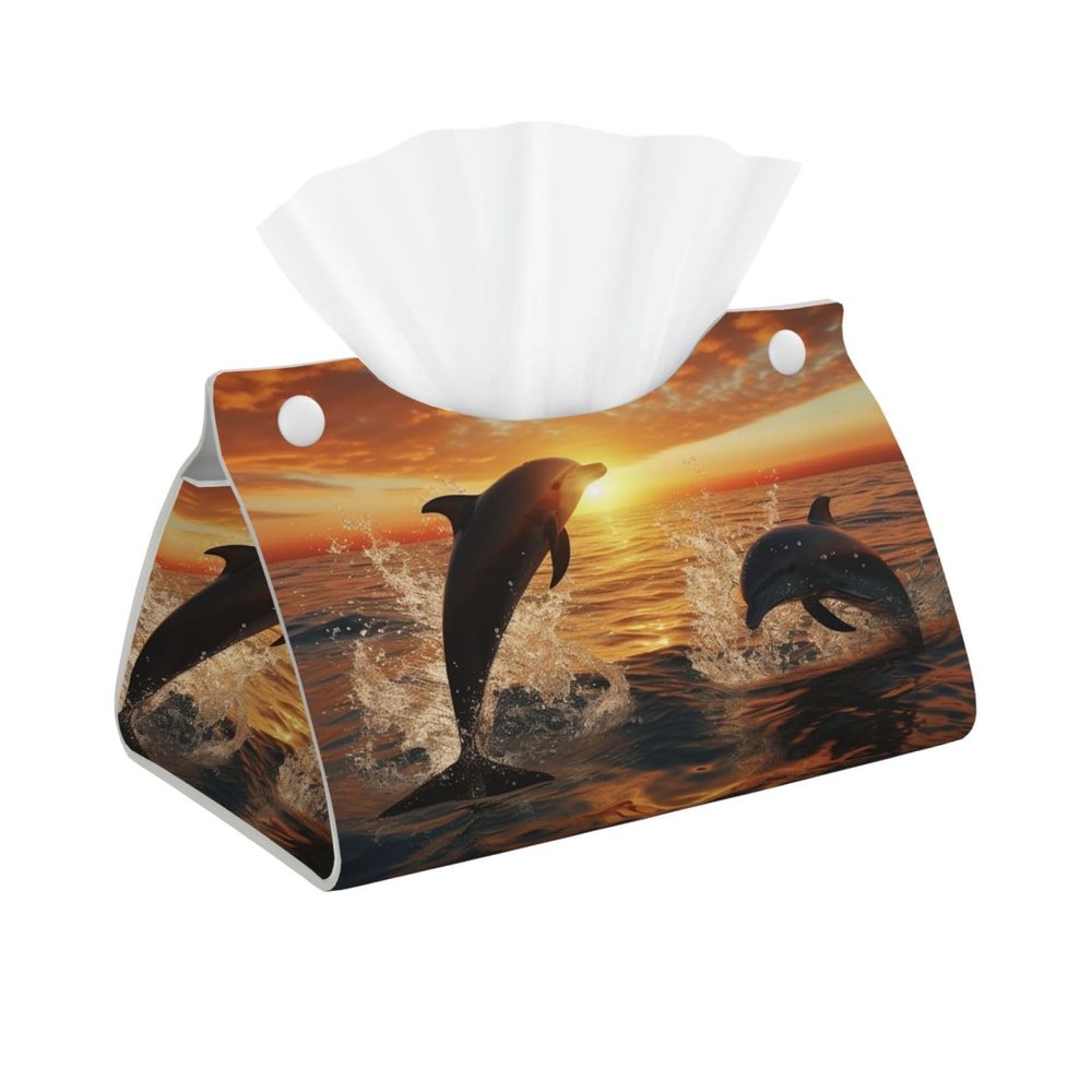 Leather Tissue Box Cover Rectangle Long Tissue Box Holder Car Tissue Holder Modern Decorative Dolphins Jumping Out of The Water at Sunset Tissue Holder for Bathroom Bedroom Office Decor