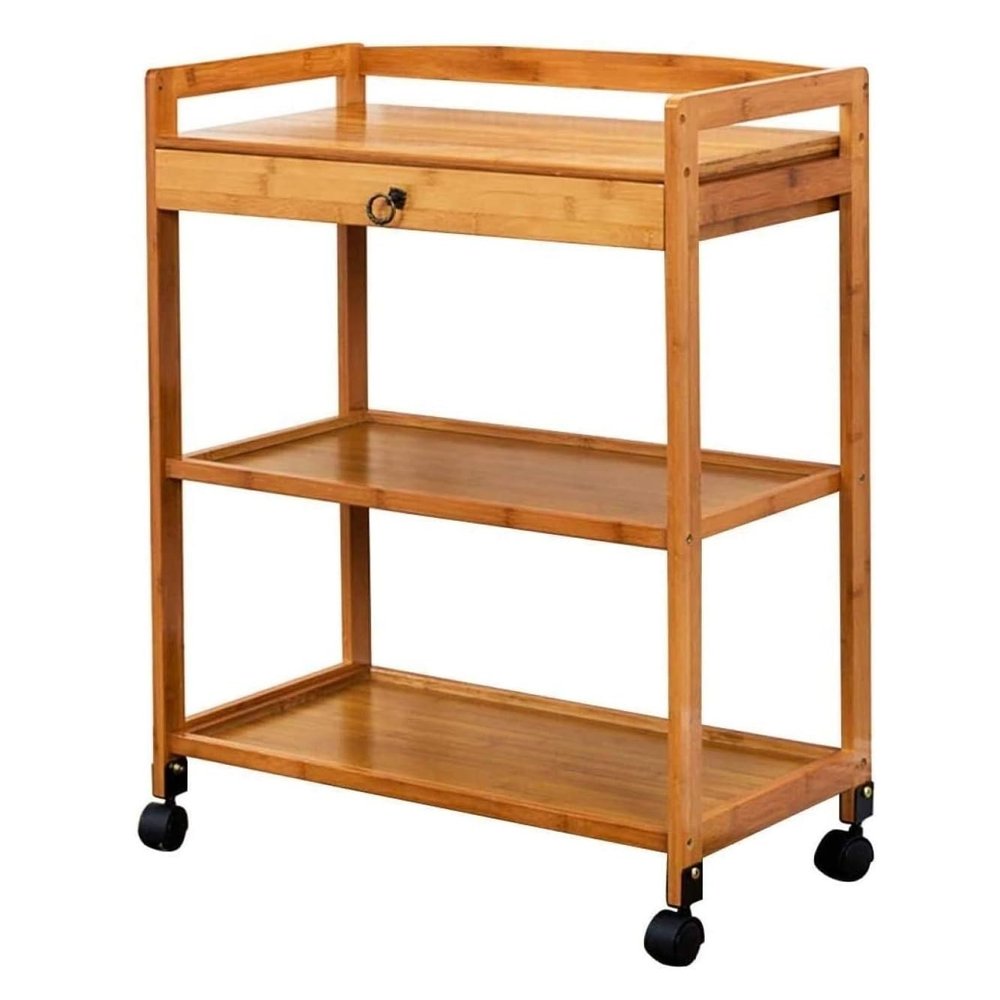 XDMINGY Rolling Cart Bar Cart 3 Tier Rolling Cart with Drawer Bamboo Kitchen Movable Trolleys Cart with Universal Brake Wheel Storage Trolley Storage Cart Bathroom(Primary Color)