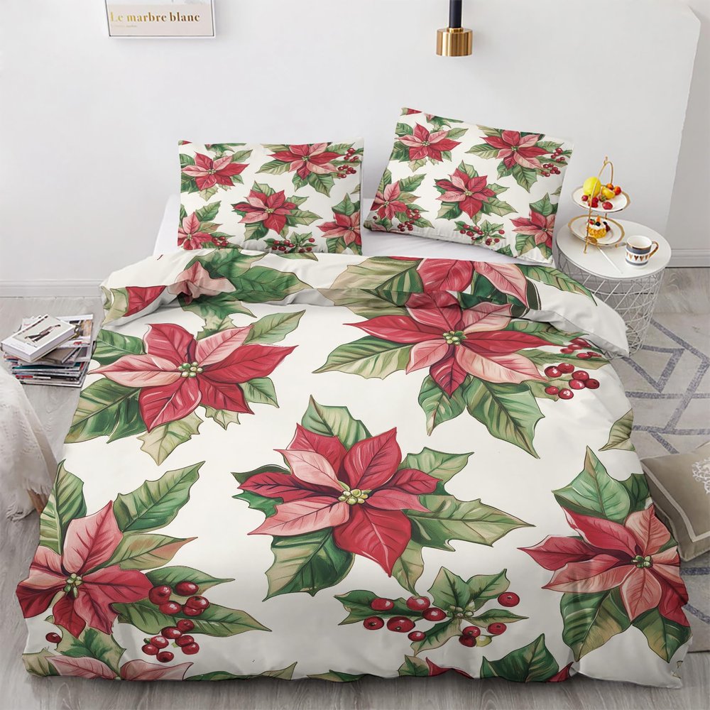Quzepzarl Poinsettia Duvet Cover Set Oversized King, Xmas Holiday Decor Bedding Set, Christmas Comforter Cover Soft Microfiber 3 Pieces with Zipper Closure, 1 Duvet Cover 120x98 and 2 Pillowcases