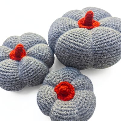 Halloween Decorative Crochet Handmade Pumpkins Set of 3 Tabletop or Shelf Decor, Spooky Fall Table Accent Gray Tiered Fall Decoration