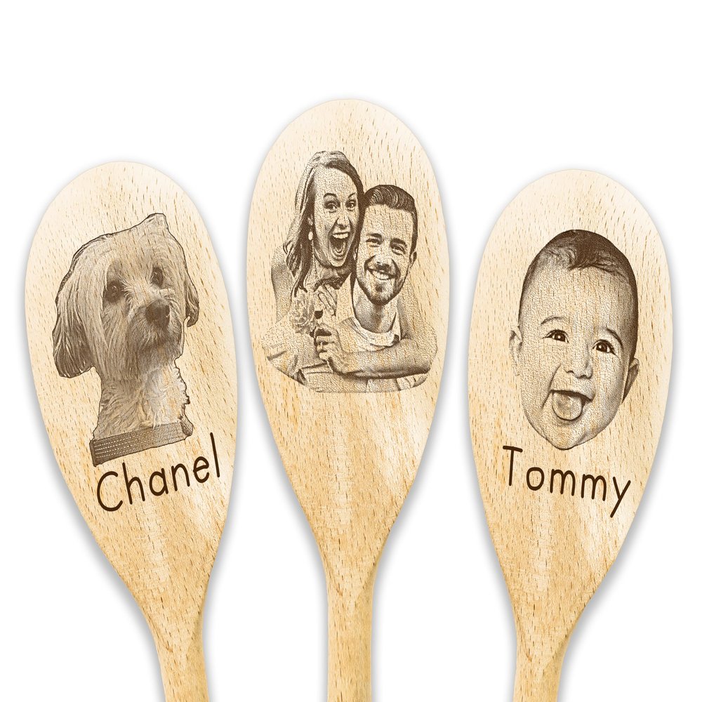 Face on Spoon Engraved Photo on Wooden Spoon Your Name on Spoon Your Text Here Baking Baker Gift Birthday Christmas Housewarming Gift (1 Spoon + Bag)