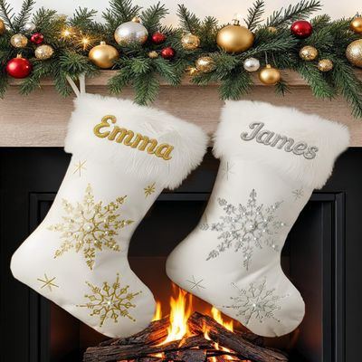 Merry Craft Works Custom White Plush Christmas Stockings, Personalized Embroidered Stockings with Your Name, Rustic White Snowflake, Family Holiday Decor, 4 Pack