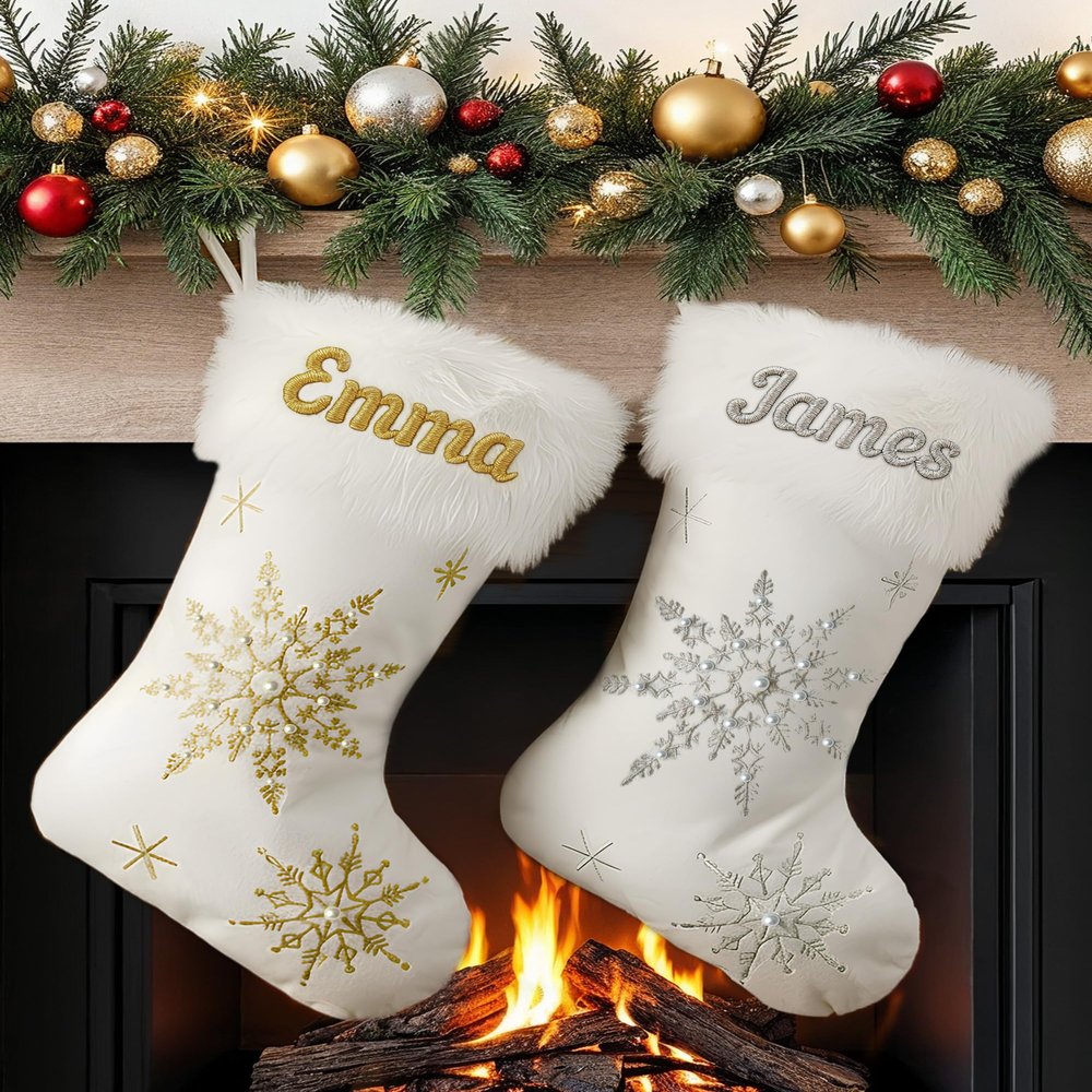 Merry Craft Works Custom White Plush Christmas Stockings, Personalized Embroidered Stockings with Your Name, Rustic White Snowflake, Family Holiday Decor, 4 Pack