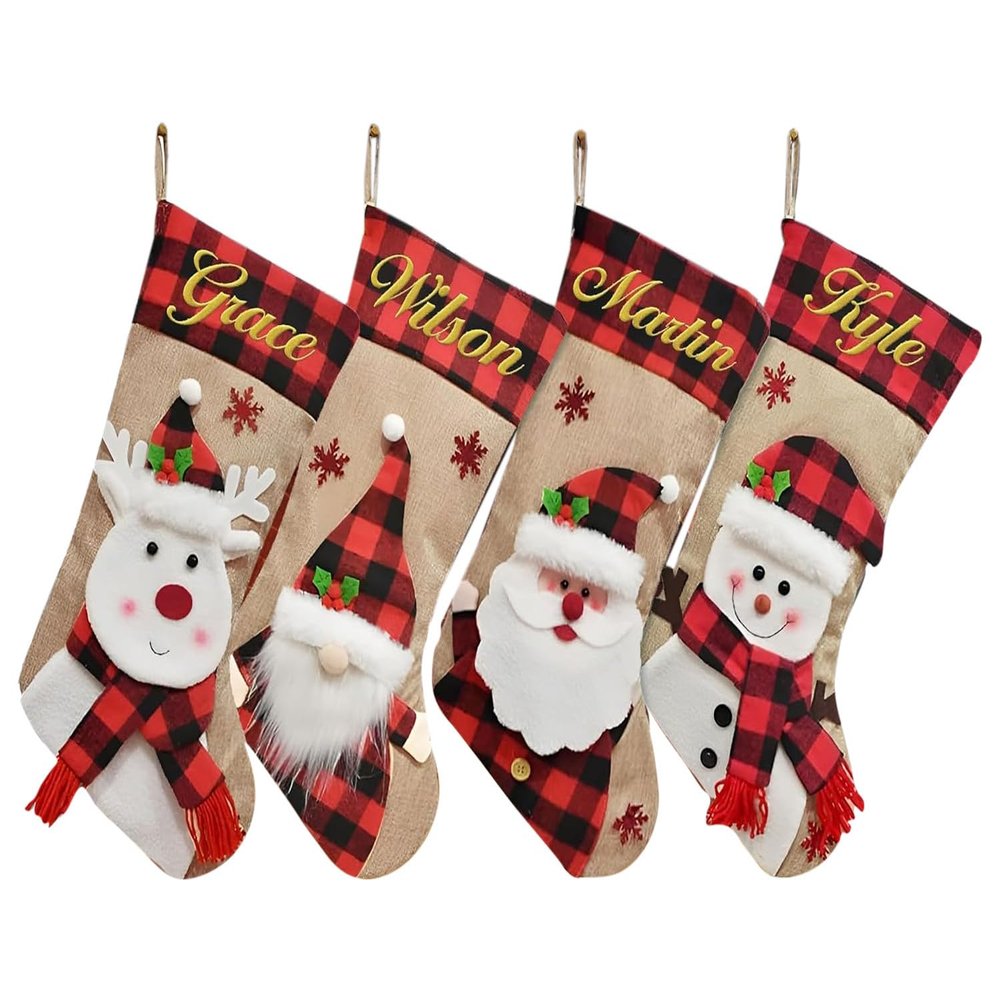 Custom Christmas Stockings - Personalized Embroidered 3D Stocking Your Name Burlap Hanging Fireplace - Xmas Gift Santa Snowman Gnome Deer Holiday Family 2026-4 Pack