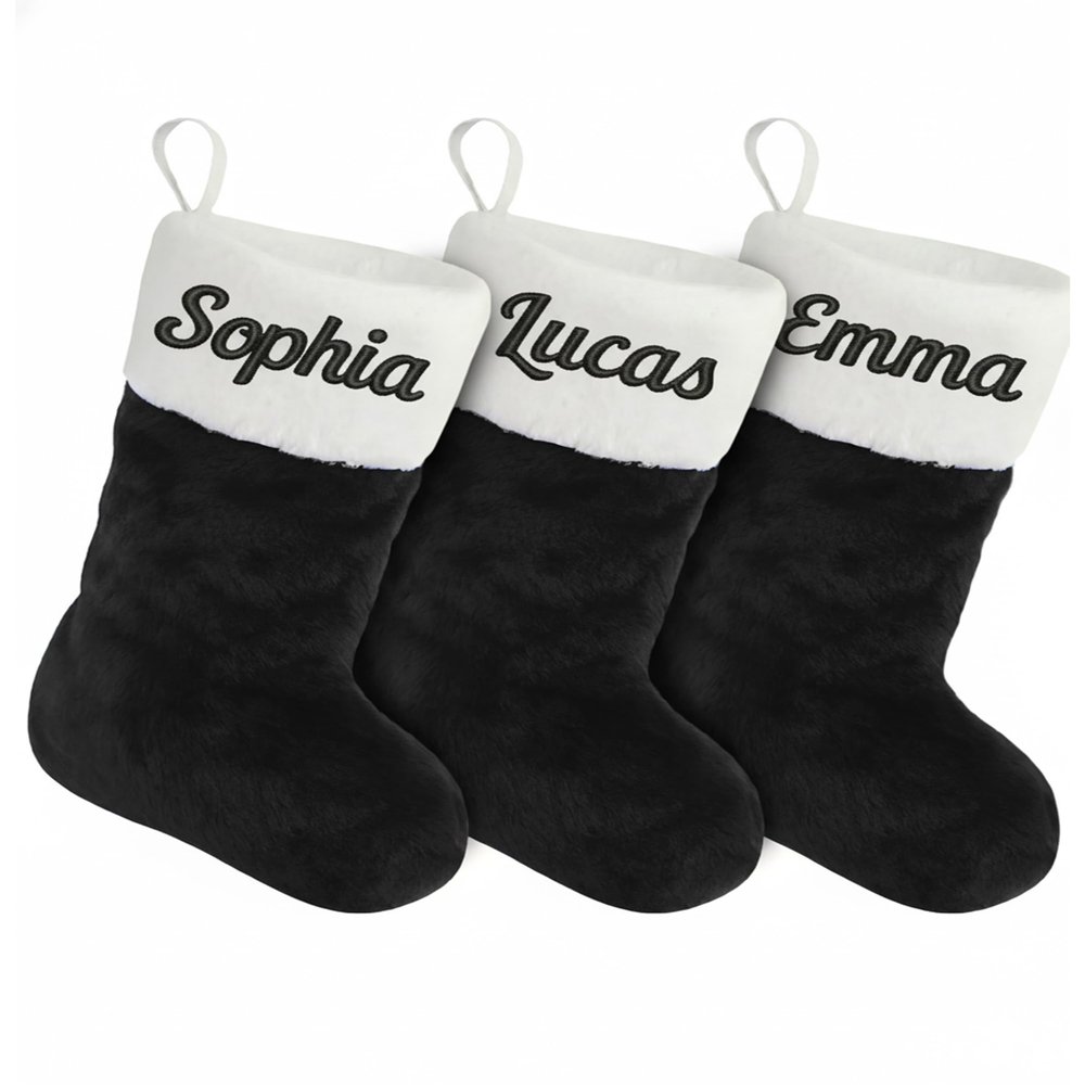 Merry Craft Works Custom Christmas Stockings - Personalized Black Plush Xmas Stockings Fireplace for Family Decorations Holiday 2025 Xmas Gift - 3 Pack