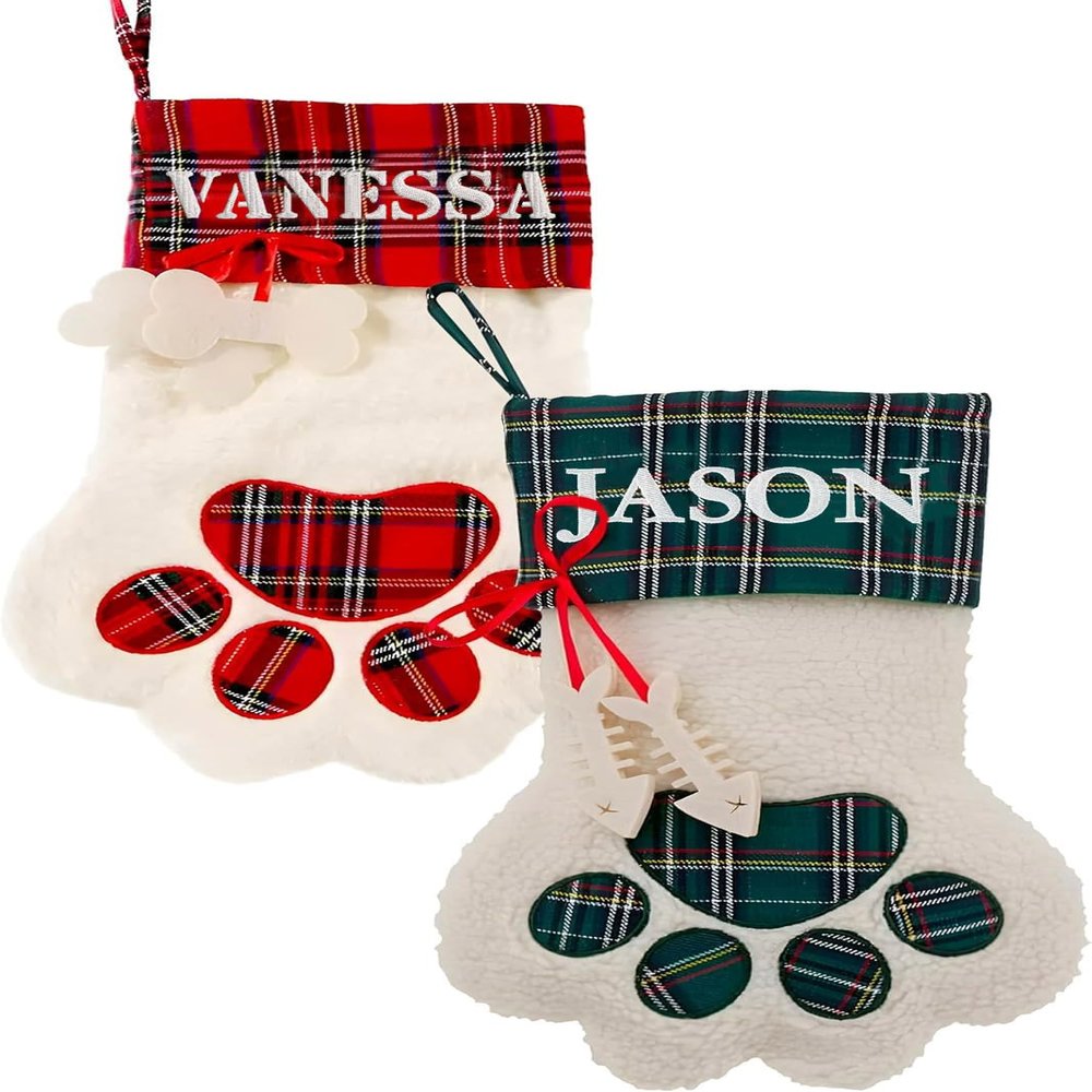 Merry Craft Works Custom Dog Cat Paw Christmas Embroidered Stocking with Personalized Pet Name - White Faux Sherpa with Red Green Plaid Cuff and Dog Fish Bone Accents Xmas 2024-6 Pack