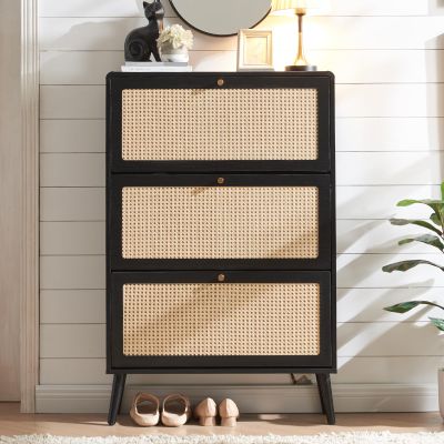 Anewome Rattan Shoe Cabinet with 3 Flip Drawers, 24-Pair Hidden Narrow Organizer with Rounded Corners & Adjustable Shelf, Farmhouse Freestanding Wood Storage for Entryway Hallway, Black