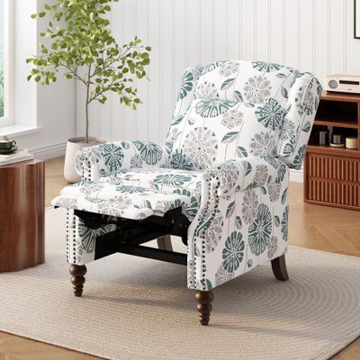 GDFStudio Push Back Recliner Chair,Upholstered Recliner Armchair with Classic Wing Back and Solid Gourd-Shaped Wooden Legs for Living Room and Bedroom, White&Blue 29.75"*34.25"*40.5"