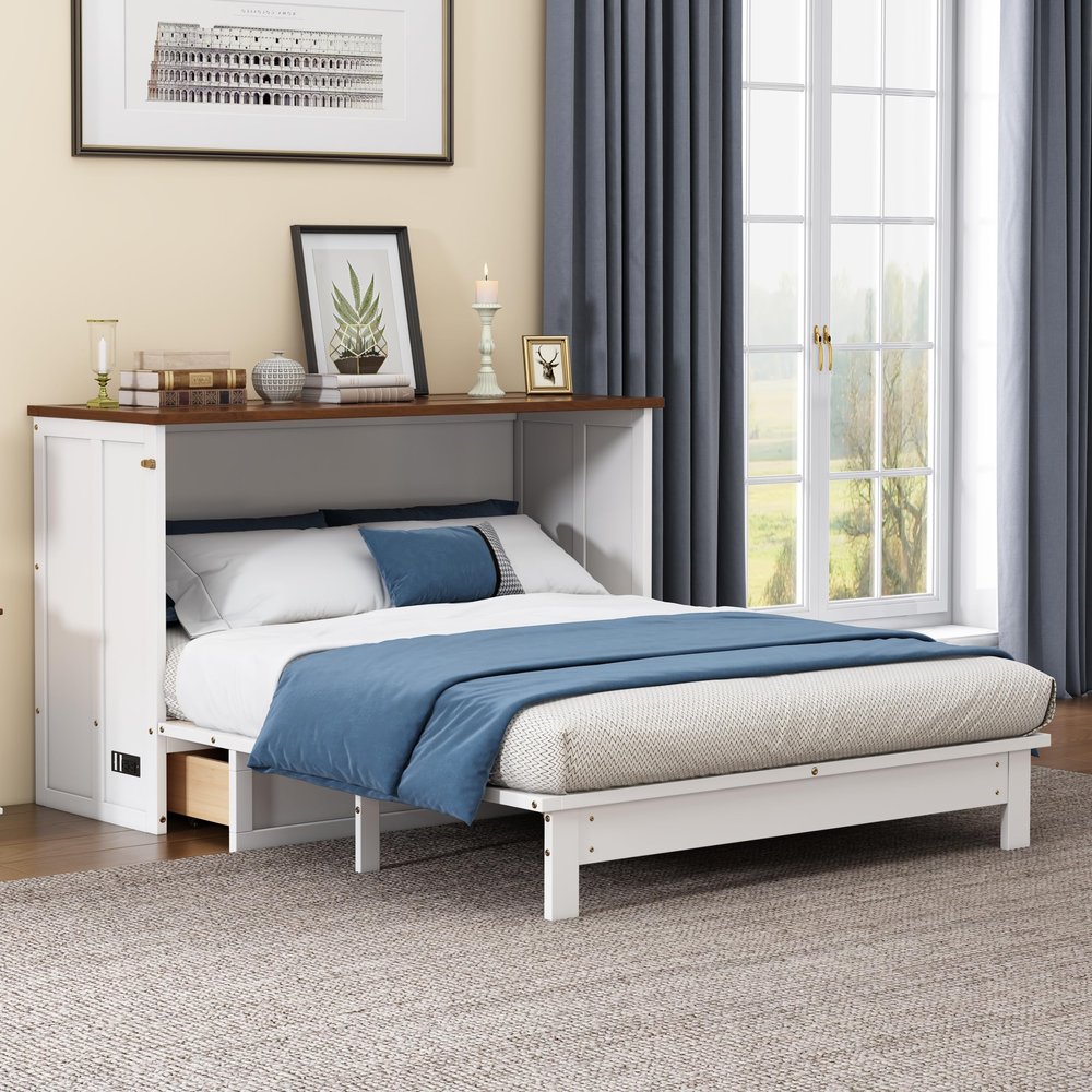 BEDGJH Queen Size Murphy Bed Chest with Charging Station and Large Storage Drawer, Wood Folding Hidden Bedframe for Home Office Small Room (Queen)