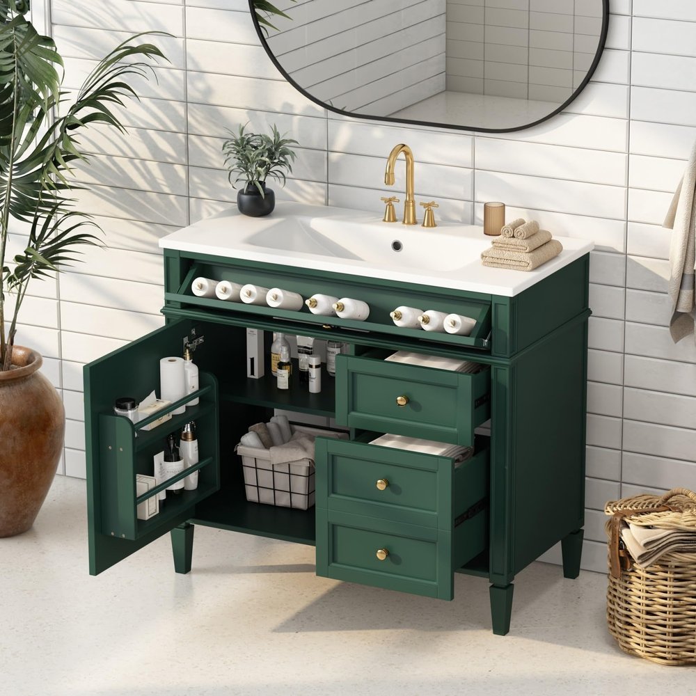 36'' Bathroom Vanity Without Resin Sink, Solid Wood Frame Modern Storage Cabinet with Tip-Out Drawer & Soft Closing Doors, Green