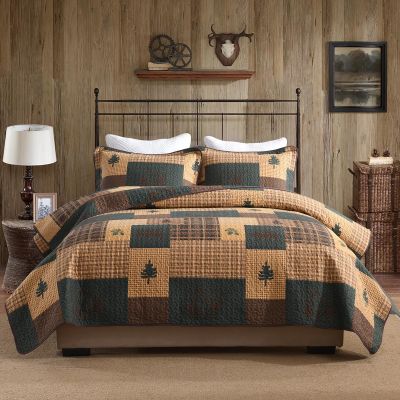 QuiltEase Cabin Plaid Quilts King Size - King Quilt Set, 100% Cotton Quilt Bedding Bedspreads, Lightweight Bear Forest Tree Deer Patchwork Comforter Set, Dark Brown/Dark Green/Beige, 3 PC