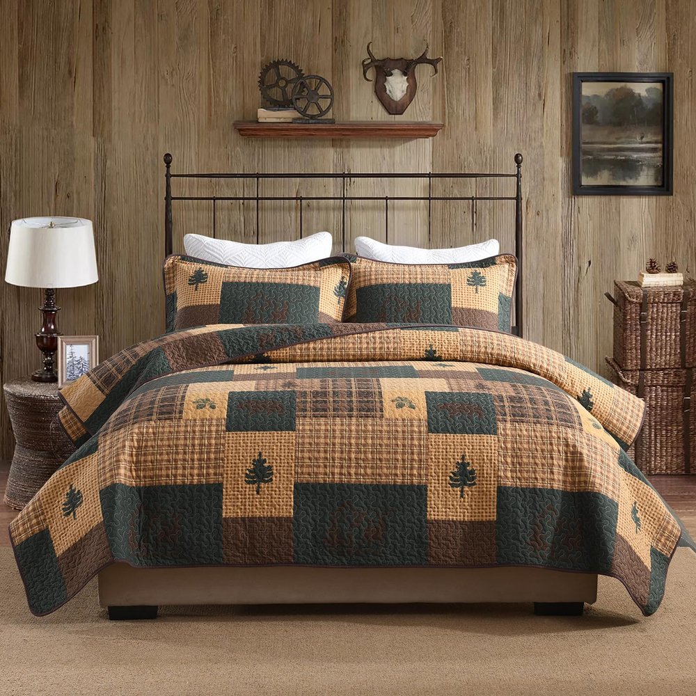 QuiltEase Cabin Plaid Quilts King Size - King Quilt Set, 100% Cotton Quilt Bedding Bedspreads, Lightweight Bear Forest Tree Deer Patchwork Comforter Set, Dark Brown/Dark Green/Beige, 3 PC