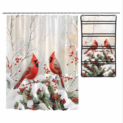 ZFUNCING Shower Curtain Mesh Shower Organizer Set,Red Berry Bird Christmas Holly Waterproof Bath Curtains,Hanging Shower Caddy Bathroom Organizer with 10 Pockets,Tree Branch Winter Snow Scene