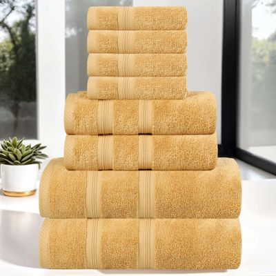 Superior Cotton 8-Piece Towel Set, Soft Plush Essential Towels for Bathroom, Shower, Gym, Spa, Salon, Decor, Includes 2 Bath, 2 Hand, and 4 Face Towels, Zero Twist, Smart Dry Collection, Gold