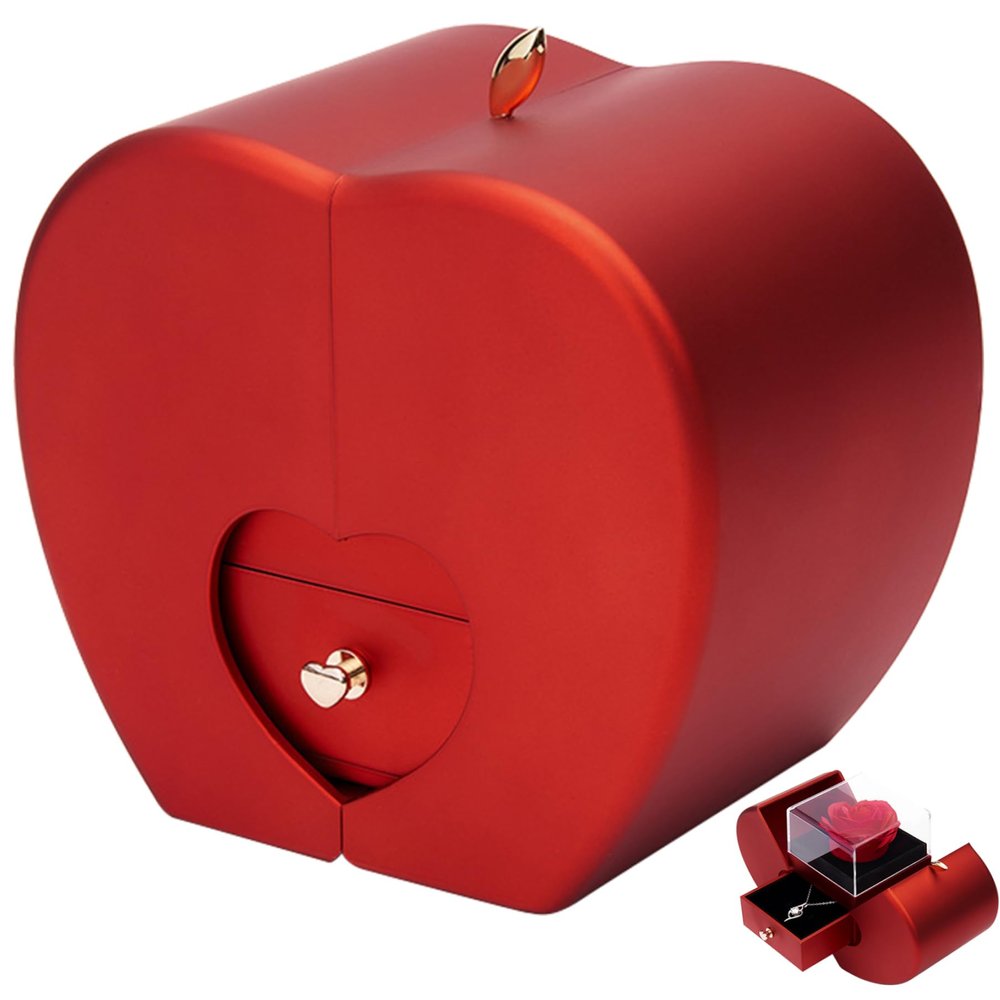 Eternal Rose Box for Women Red Fruit-Shape Rose with Necklace Box Portable Forever Flowers Roses in a Box for Christmas Birthday Gift Jewelry Forever Flowers Roses in a Box to My Love Necklace with R