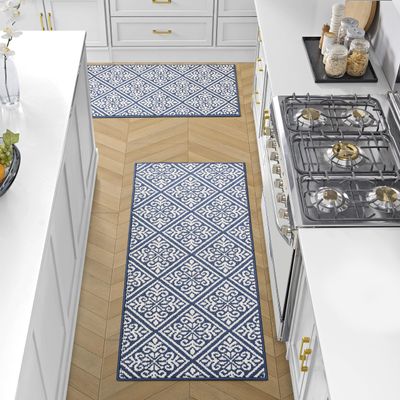 Laura Ashley All Loop Tufted 26" x 45"/26"x60" Washable Skid-Resistant Runner Rug 2-Piece Set - Dusty Navy/Ivory Austell Two-Tone
