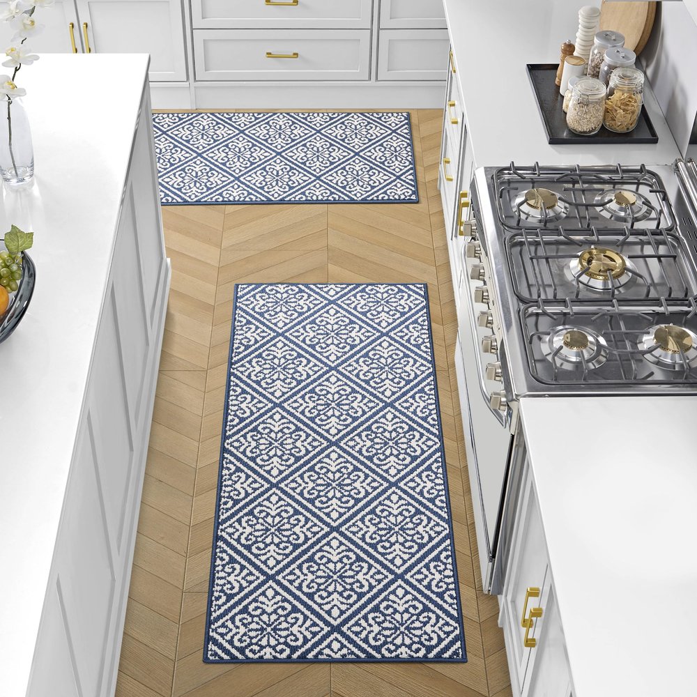 Laura Ashley All Loop Tufted 26" x 45"/26"x60" Washable Skid-Resistant Runner Rug 2-Piece Set - Dusty Navy/Ivory Austell Two-Tone