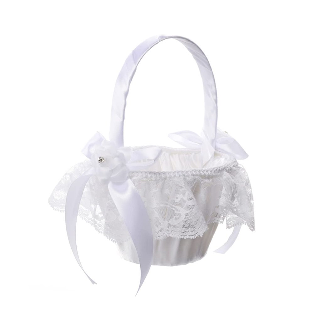 WHAMVOX Lace Flower Girl Basket with Bowknot Decor Floral Basket for Wedding Ceremony Bridesmaid Photo Props for Petals and Keepsakes