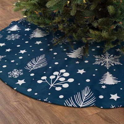 Christmas Snowflake Navy Blue Tree Skirt, 36" Large Xmas Tree Skirts, Soft Polyester Winter Botanical Xmas Tree Berry Christmas Tree Mat Ornaments for Indoor Decorations Holiday Party