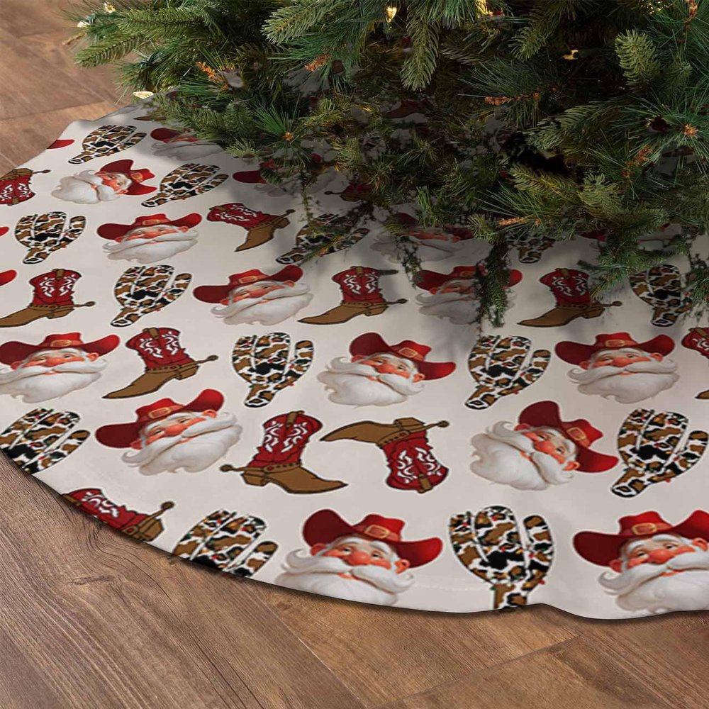 Christmas Leopard Print Tree Skirt, 48" Large Xmas Tree Skirts, Soft Polyester Western Winter Xmas Santa Claus Cowboy Christmas Tree Mat Ornaments for Indoor Decorations Holiday Party