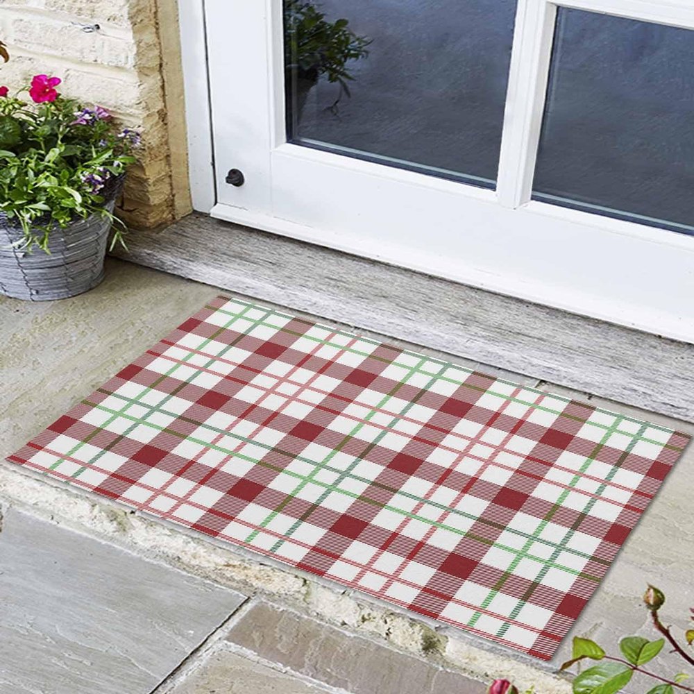 Bathroom Rugs,Christmas Farm Red Green Tartan Kitchen Rug Non-Slip Rubber Backing Doormat,Retro Modern Lattice Art Absorbent Bath Mat Washable Floor Mats for Bedroom Entryway 24x36in