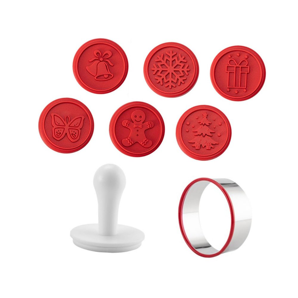 Beatifufu 1set Christmas Cookie Seal Set Silicone Baking Stamps Handle for Holiday Cookies Biscuit Cutters for Festive Treats Easy to Use Molds Vibrant Red