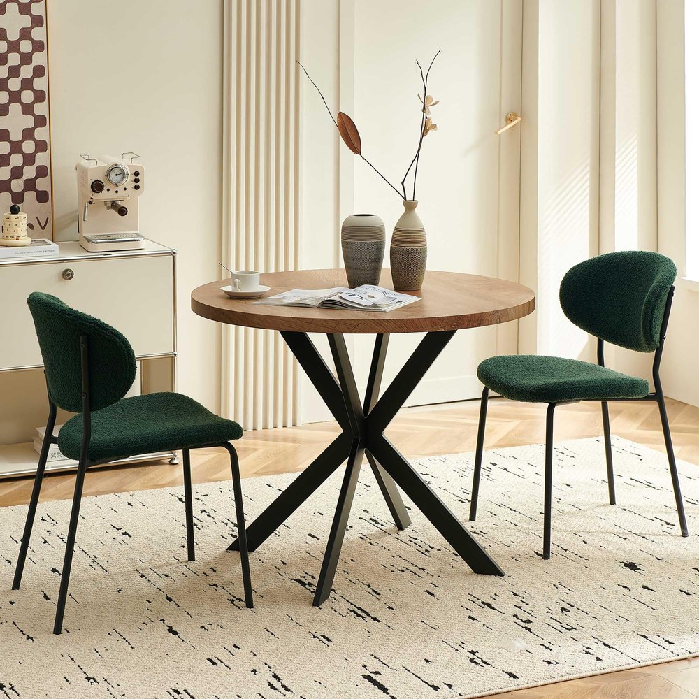 NORDICANA 3-Piece Wooden Round Table & Chair Set, Space Saving Kitchen Breakfast Nook Wood Grain Tabletop with Metal Frame for Kitchen, Dining Room (Boucle Green)