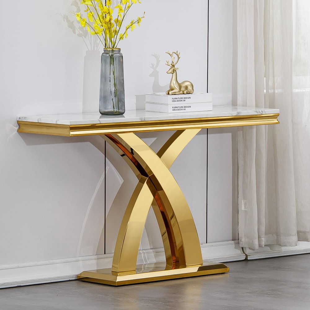 47 inch 3-in-1 Geometric Stainless Steel Console & Entryway Table in Modern White Faux Marble - Perfect for Living Room or Hallway