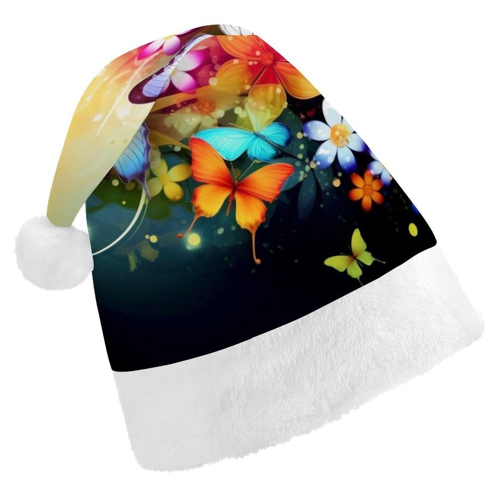 BTCOWZRV Colorful With Butterfly Christmas Hat Unisex Velvet Santa Hat Xmas Holiday Hat for Adults New Year Party Headwear